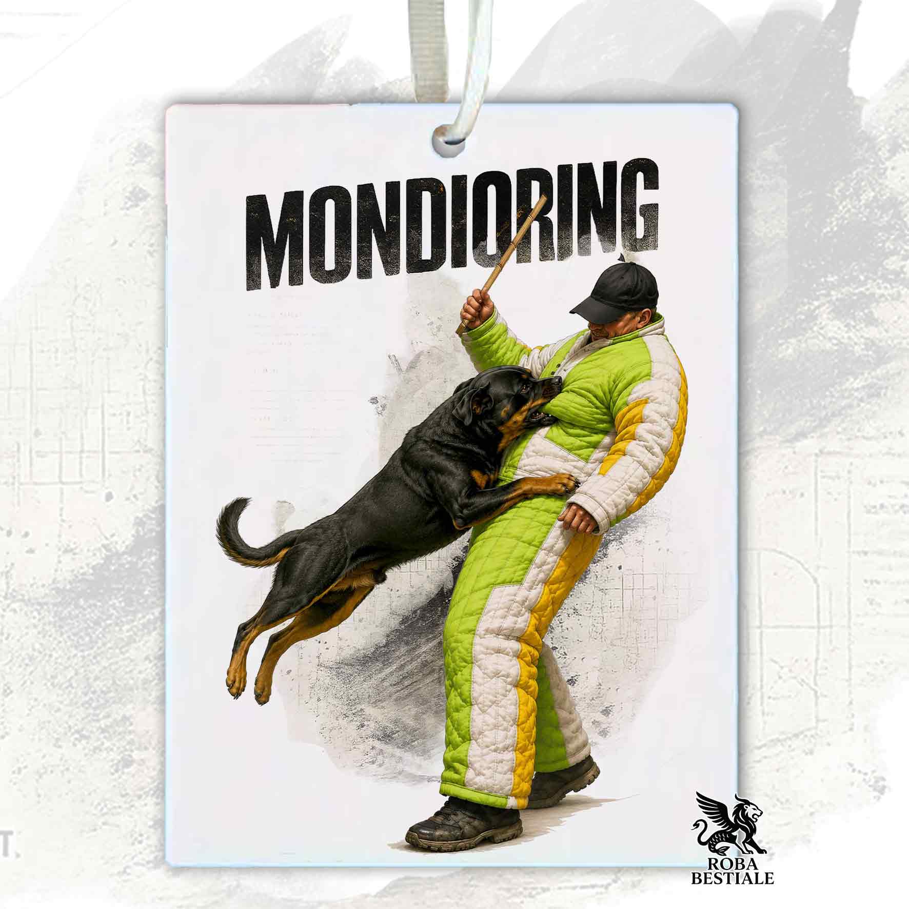 Profumatore in feltro con la stampa di un Rottweiler che pratica Mondioring. Grafica originale Roba Bestiale