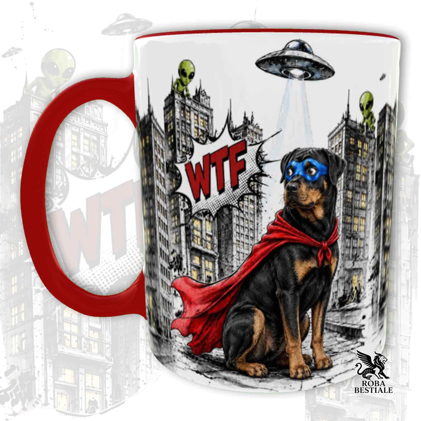 Tazza rossa stampata con un Rottweiler con espressione sorpresa, vestito da Super Eroe. Grafica originale Roba Bestiale, collezione Hero