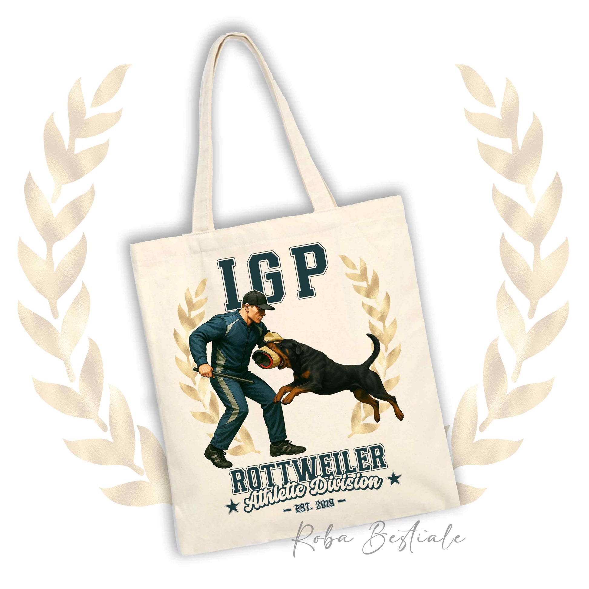Borsa shopper stampata con un Rottweiler che fa IGP. Grafica originale Roba Bestiale