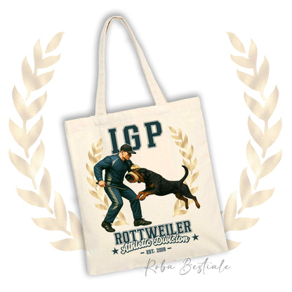 Borsa shopper stampata con un Rottweiler che fa IGP. Grafica originale Roba Bestiale