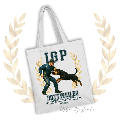 Borsa shopper stampata con un Rottweiler che fa IGP. Grafica originale Roba Bestiale