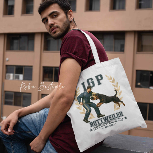 Borsa shopper stampata con un Rottweiler che fa IGP. Grafica originale Roba Bestiale