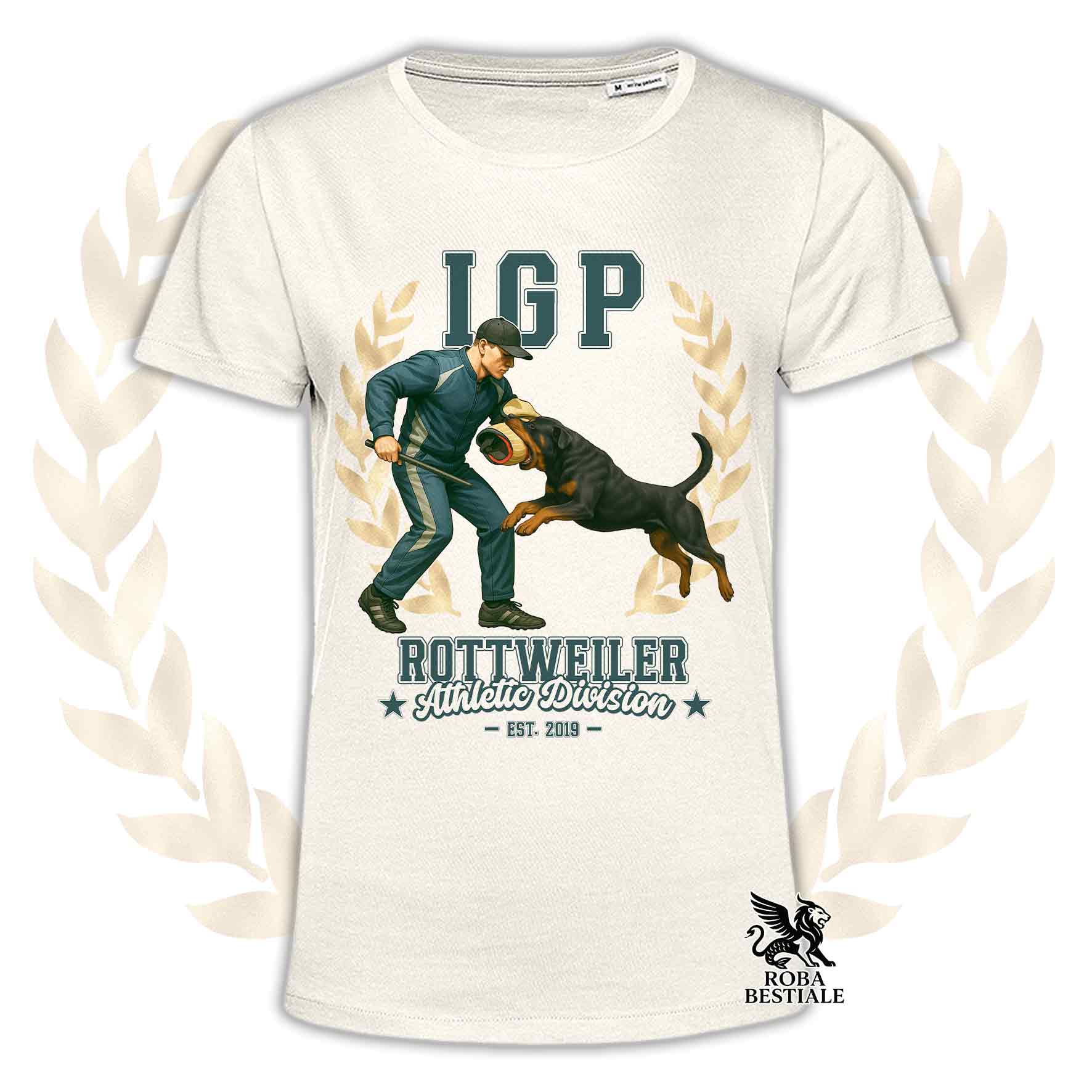 Una t-shirt stampata con un Rottweiler che fa IGP. Grafica originale Roba Bestiale