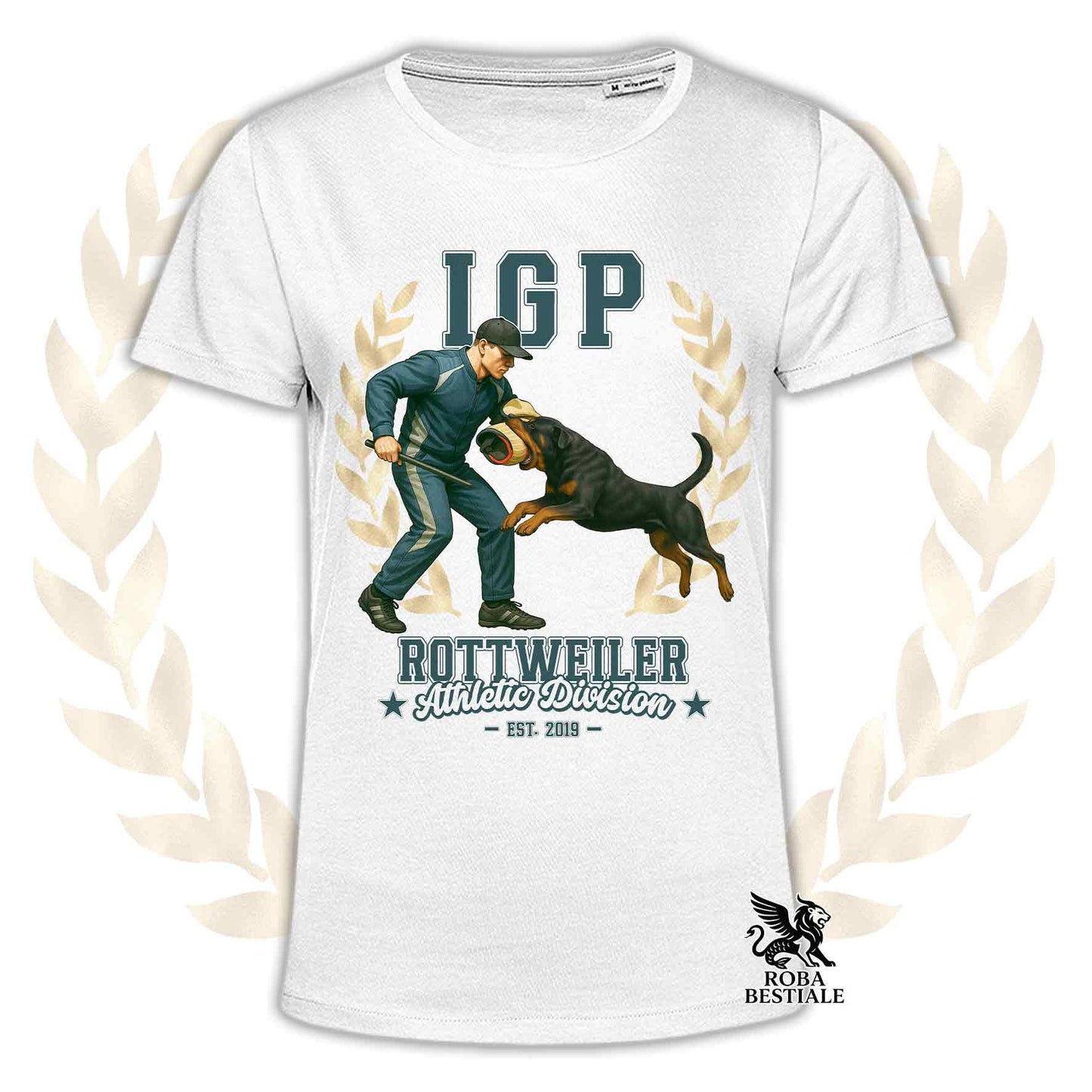 Una t-shirt stampata con un Rottweiler che fa IGP. Grafica originale Roba Bestiale
