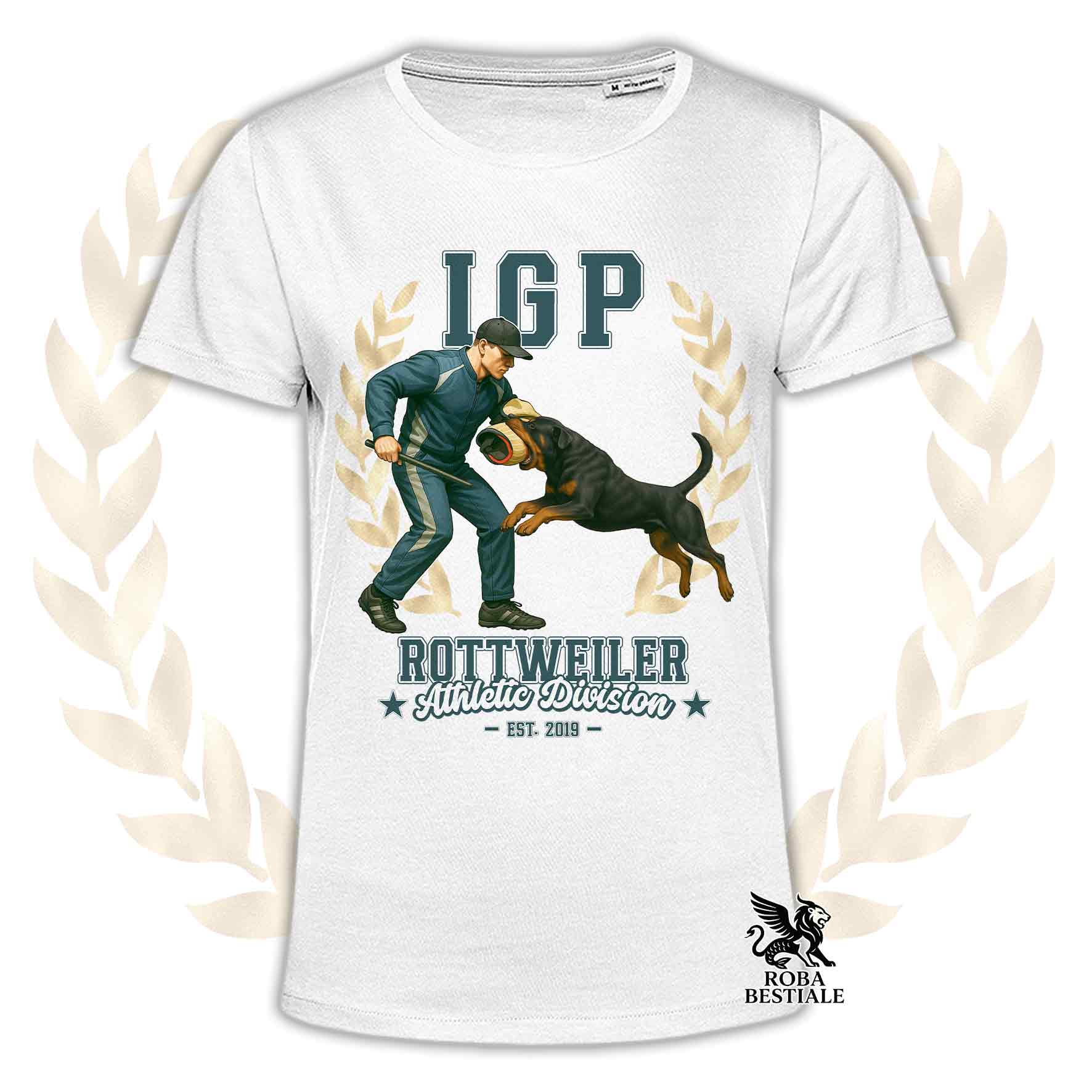 Una t-shirt stampata con un Rottweiler che fa IGP. Grafica originale Roba Bestiale