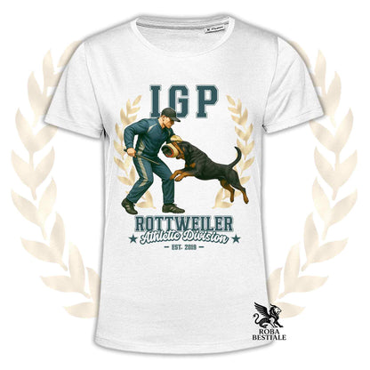 Una t-shirt stampata con un Rottweiler che fa IGP. Grafica originale Roba Bestiale