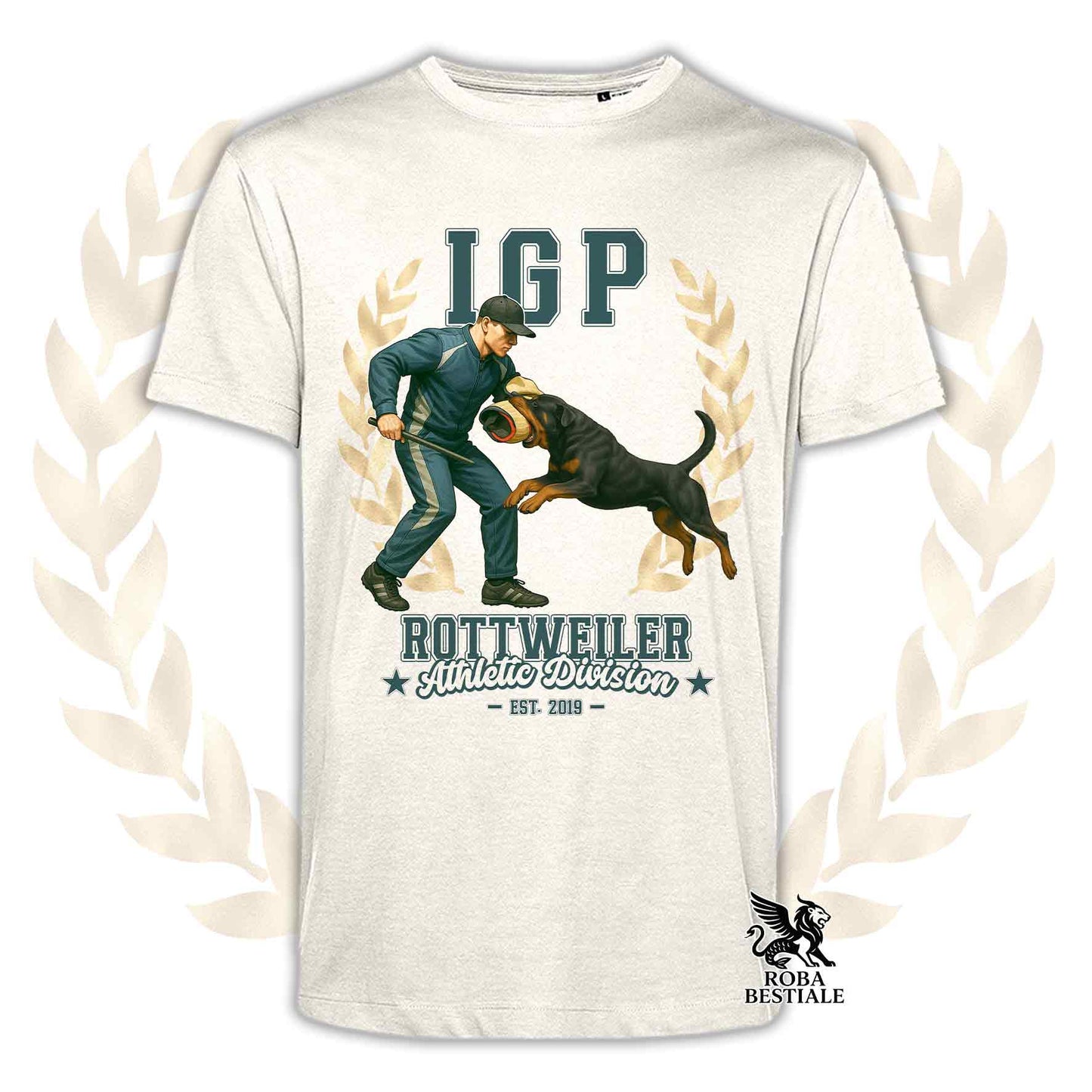 Una t-shirt stampata con un Rottweiler che fa IGP. Grafica originale Roba Bestiale