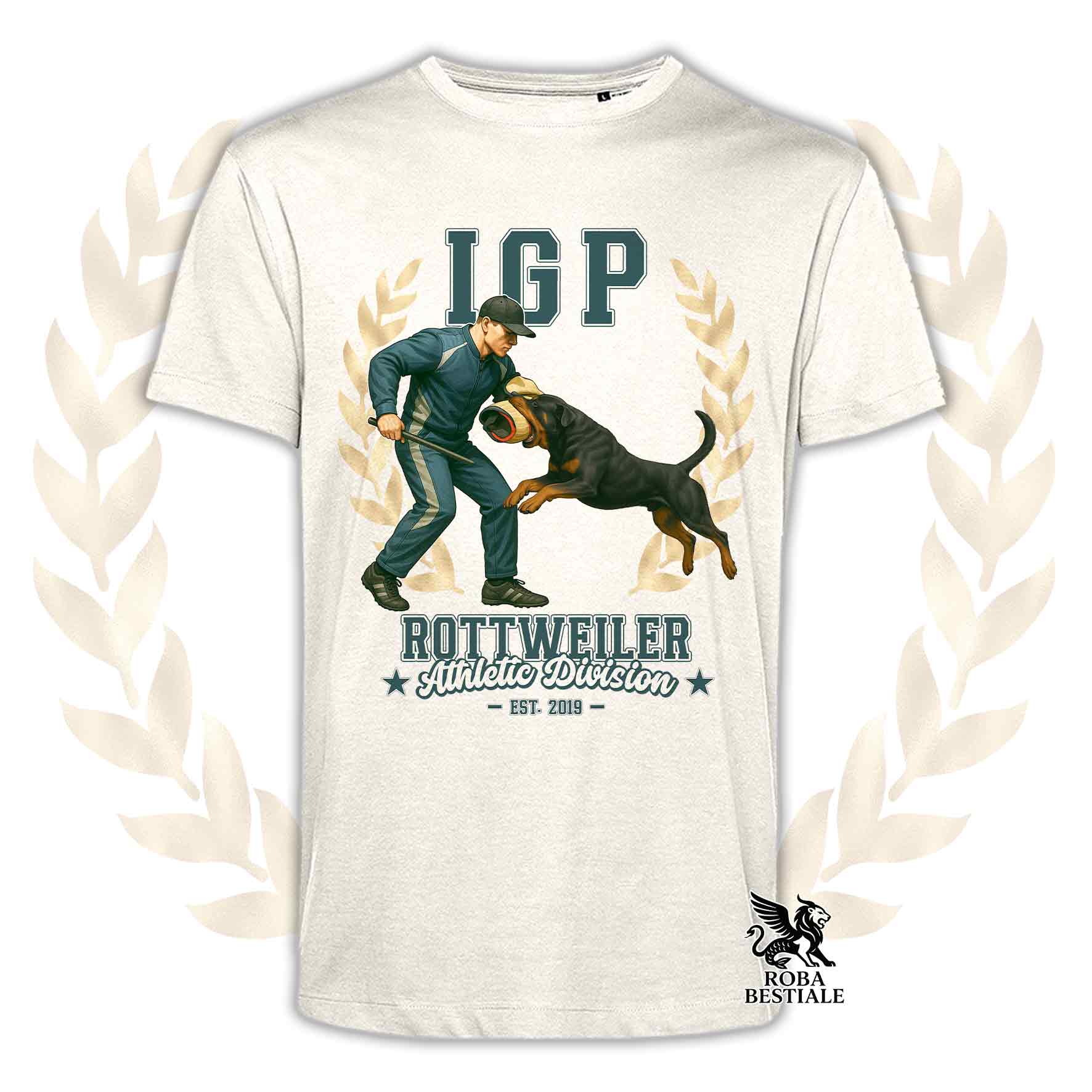 Una t-shirt stampata con un Rottweiler che fa IGP. Grafica originale Roba Bestiale
