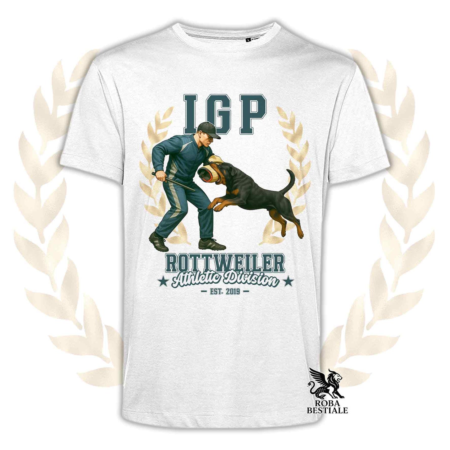 Una t-shirt stampata con un Rottweiler che fa IGP. Grafica originale Roba Bestiale