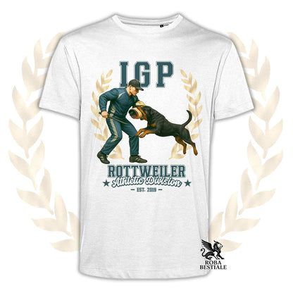 Una t-shirt stampata con un Rottweiler che fa IGP. Grafica originale Roba Bestiale