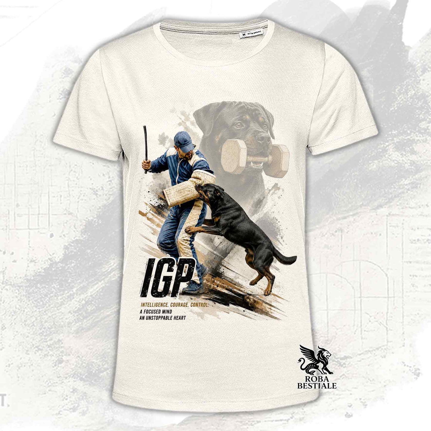 T-shirt beige stampata con un Rottweiler in una grafica dedicata all'IGP, collezione Zero DIstance di Roba Bestiale