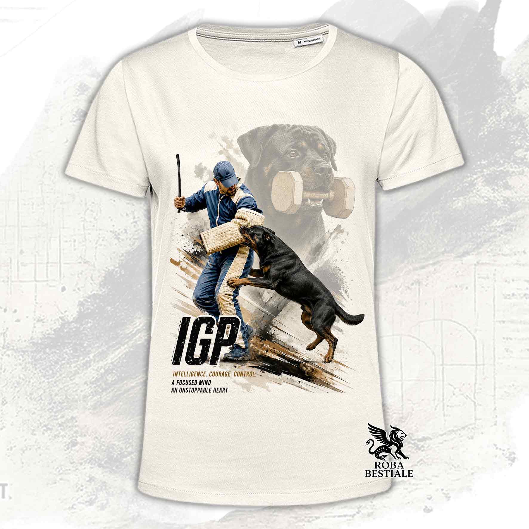 T-shirt beige stampata con un Rottweiler in una grafica dedicata all'IGP, collezione Zero DIstance di Roba Bestiale