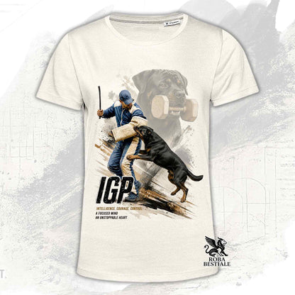 T-shirt beige stampata con un Rottweiler in una grafica dedicata all'IGP, collezione Zero DIstance di Roba Bestiale