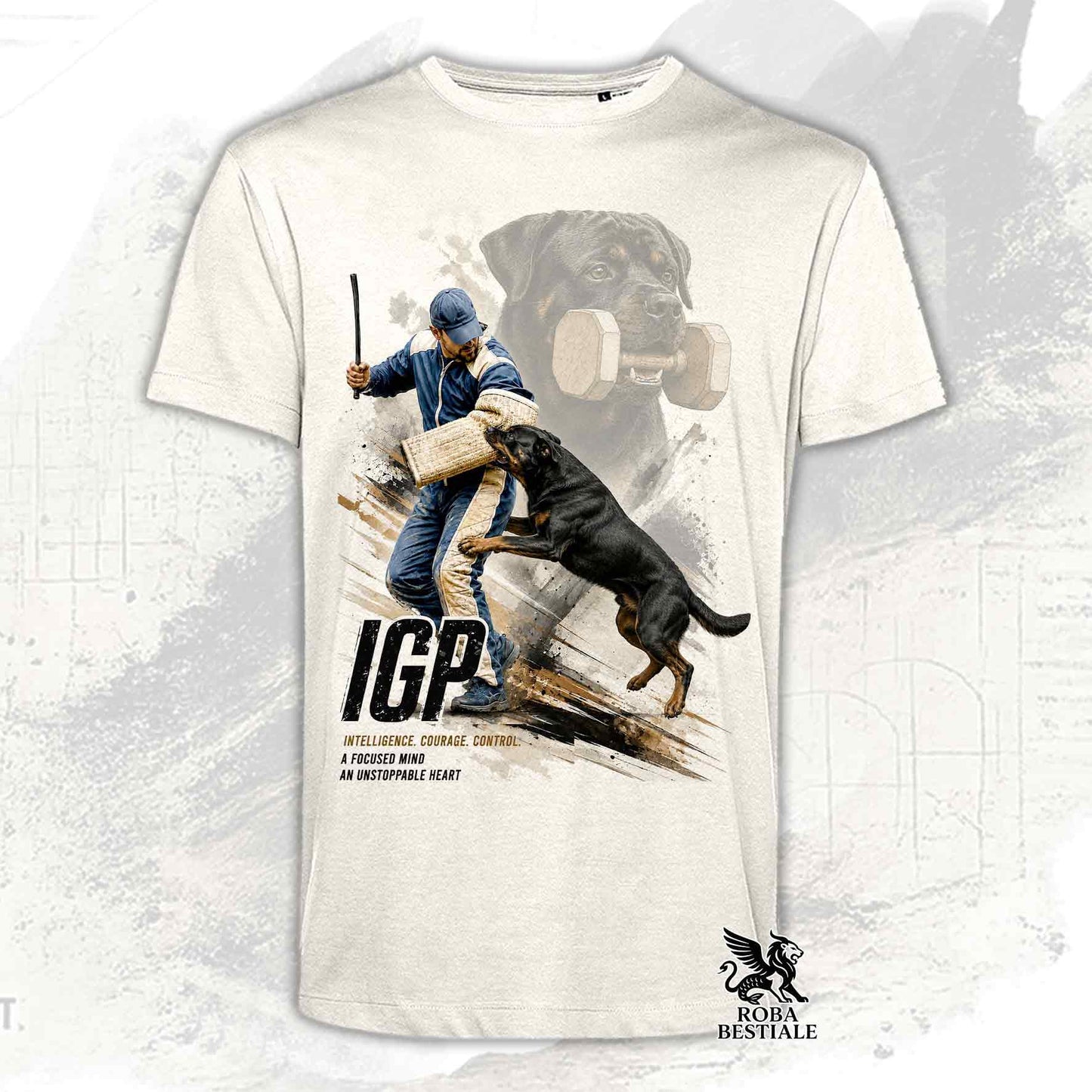T-shirt beige stampata con un Rottweiler in una grafica dedicata all'IGP, collezione Zero DIstance di Roba Bestiale