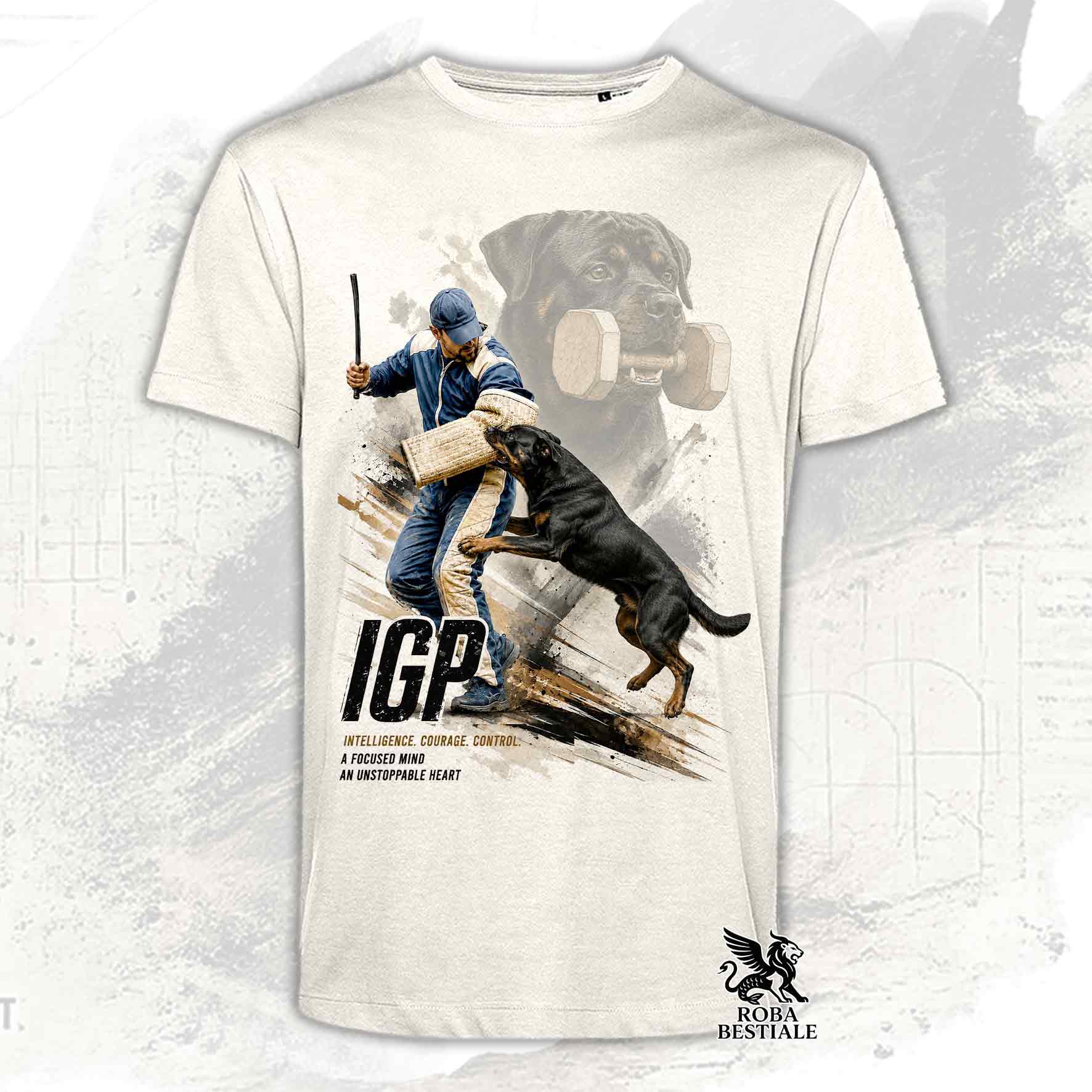 T-shirt beige stampata con un Rottweiler in una grafica dedicata all'IGP, collezione Zero DIstance di Roba Bestiale