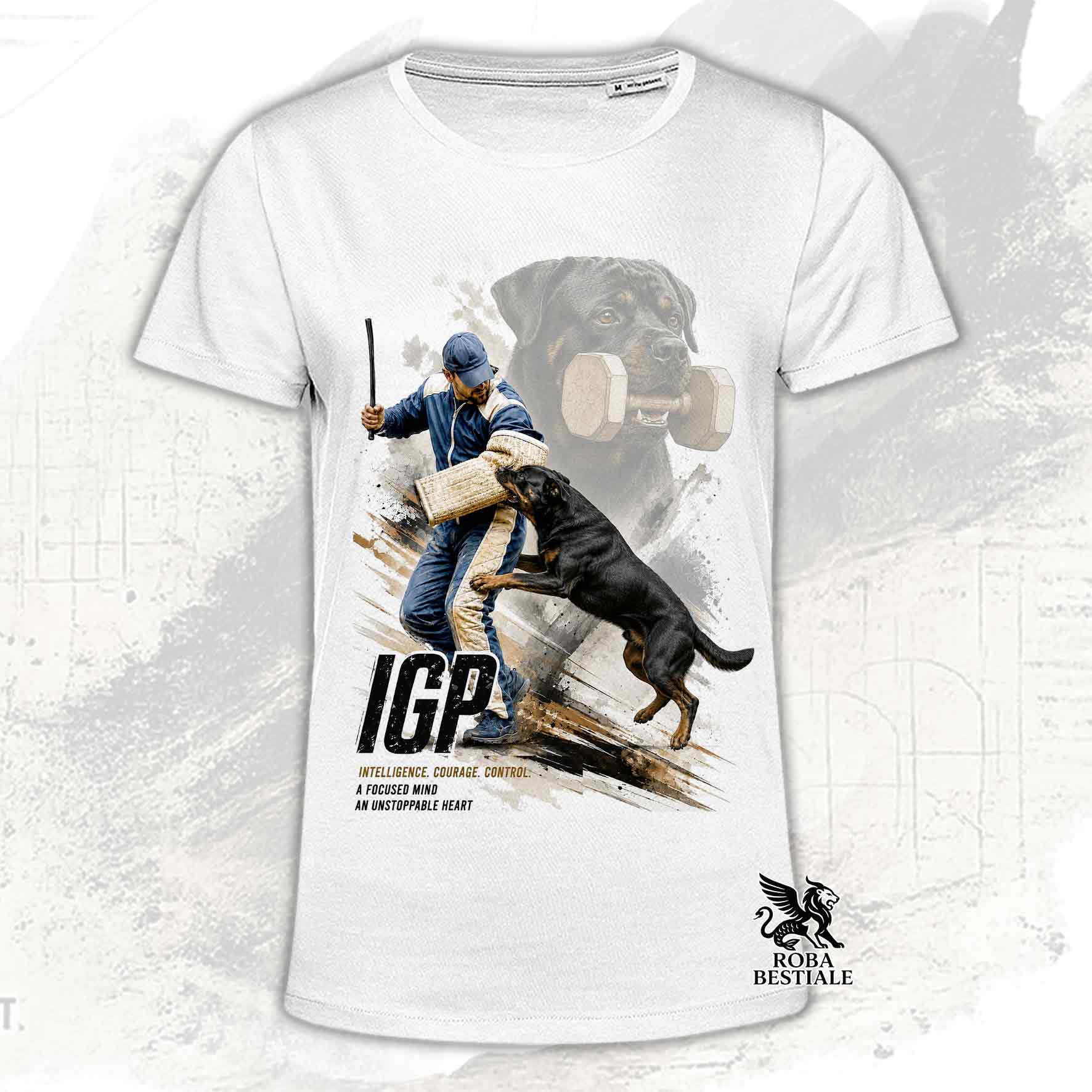 T-shirt bianca stampata con un Rottweiler in una grafica dedicata all'IGP, collezione Zero DIstance di Roba Bestiale