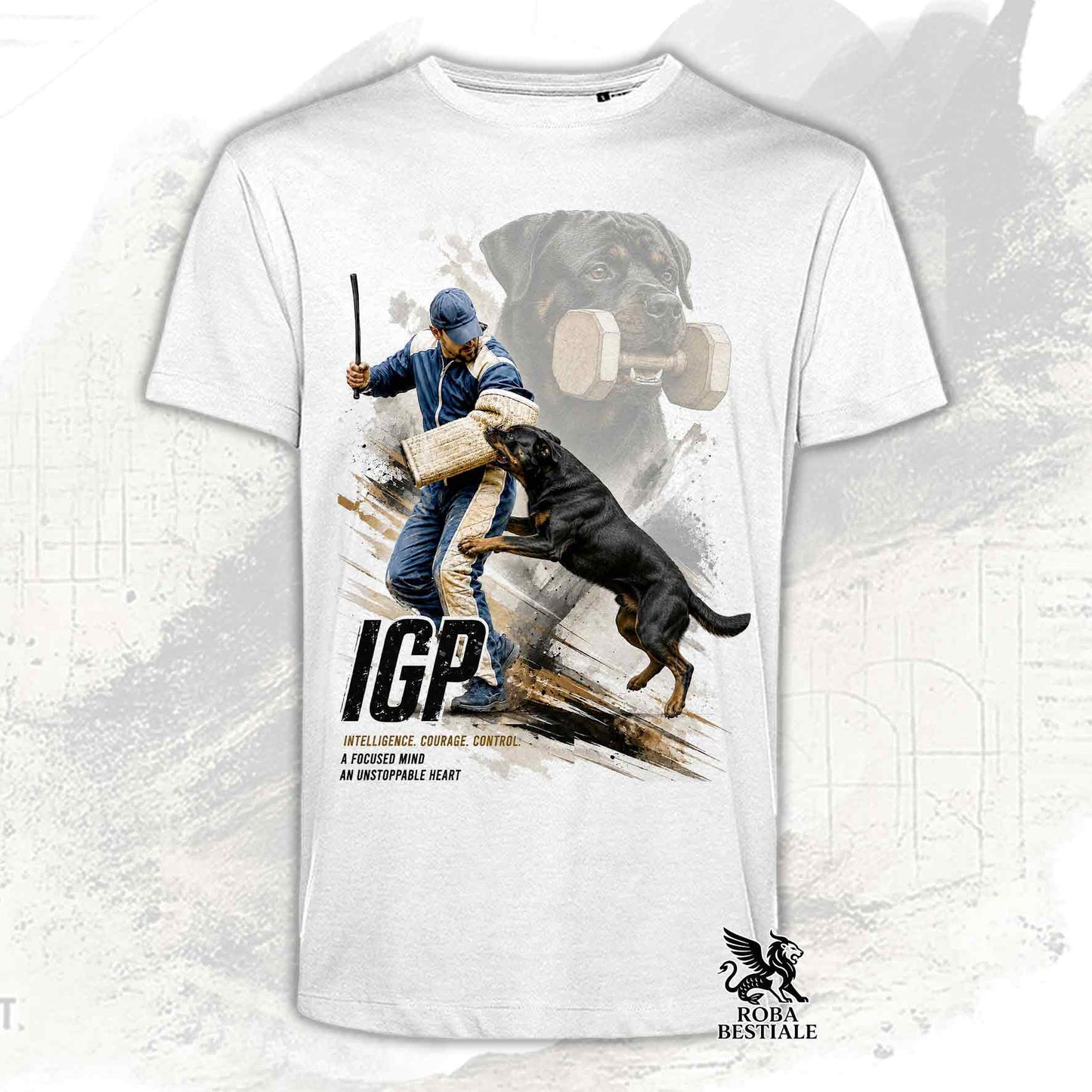T-shirt bianca stampata con un Rottweiler in una grafica dedicata all'IGP, collezione Zero DIstance di Roba Bestiale
