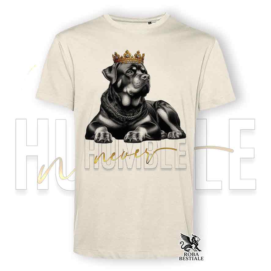 T-shirt stampata con un Rottweiler, colore beige con grafica Never Humble