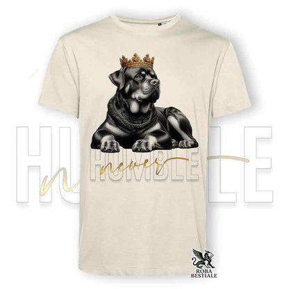 T-shirt stampata con un Rottweiler, colore beige con grafica Never Humble