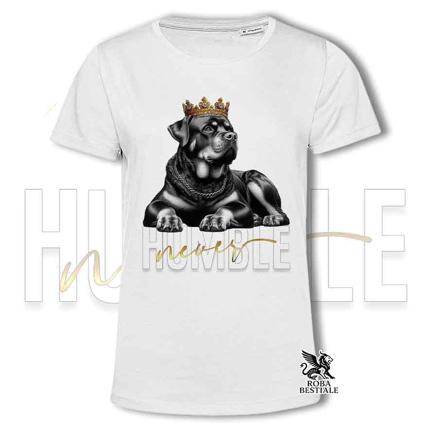 T-shirt stampata con un Rottweiler, colore bianco con grafica Never Humble