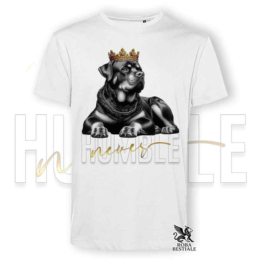 T-shirt stampata con un Rottweiler, colore bianco con grafica Never Humble