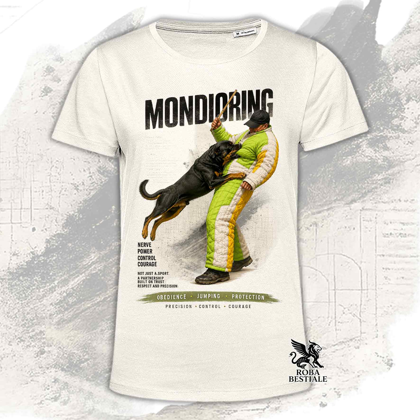 T-shirt beige stampata con una grafica dedicata al Mondioring, collezione Zero DIstance