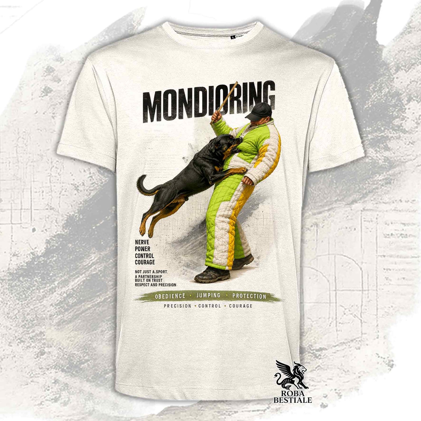 T-shirt beige stampata con una grafica dedicata al Mondioring, collezione Zero DIstance