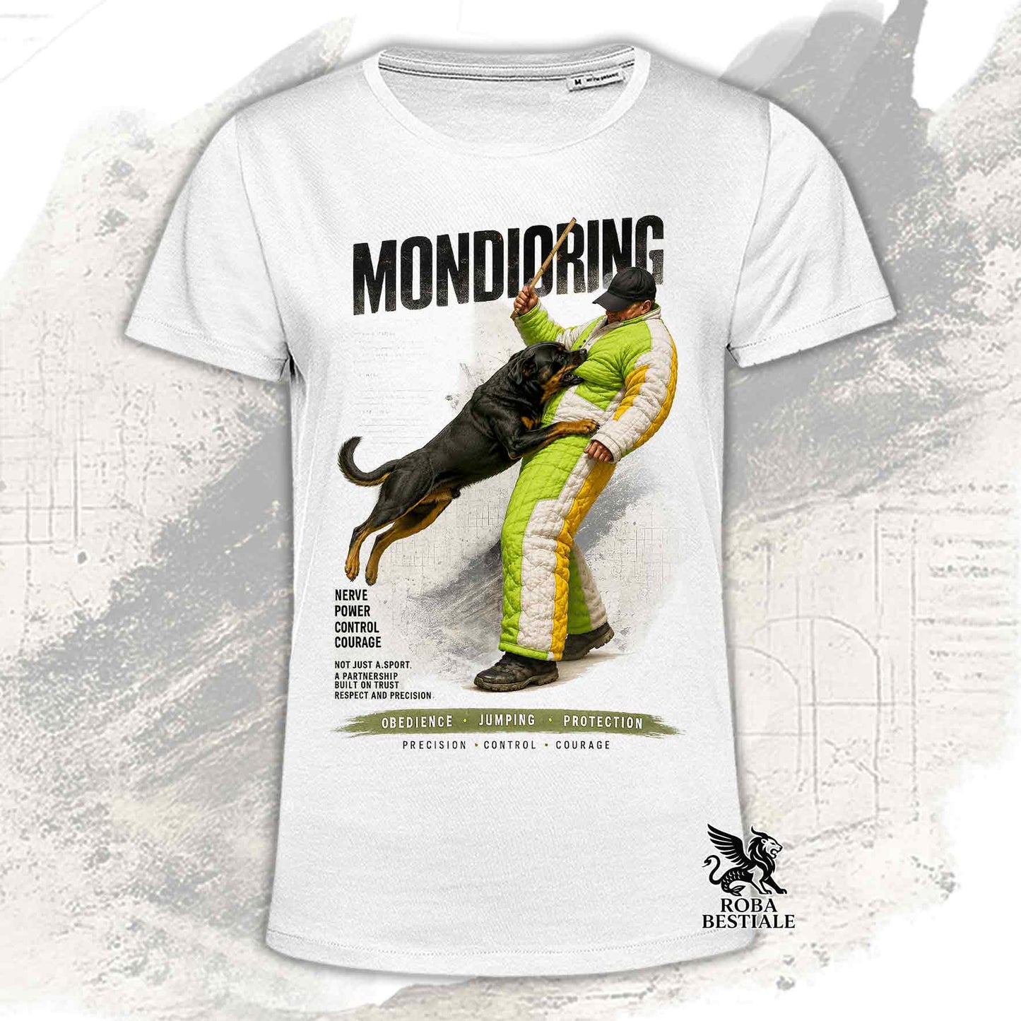 T-shirt bianca stampata con una grafica dedicata al Mondioring, collezione Zero DIstance