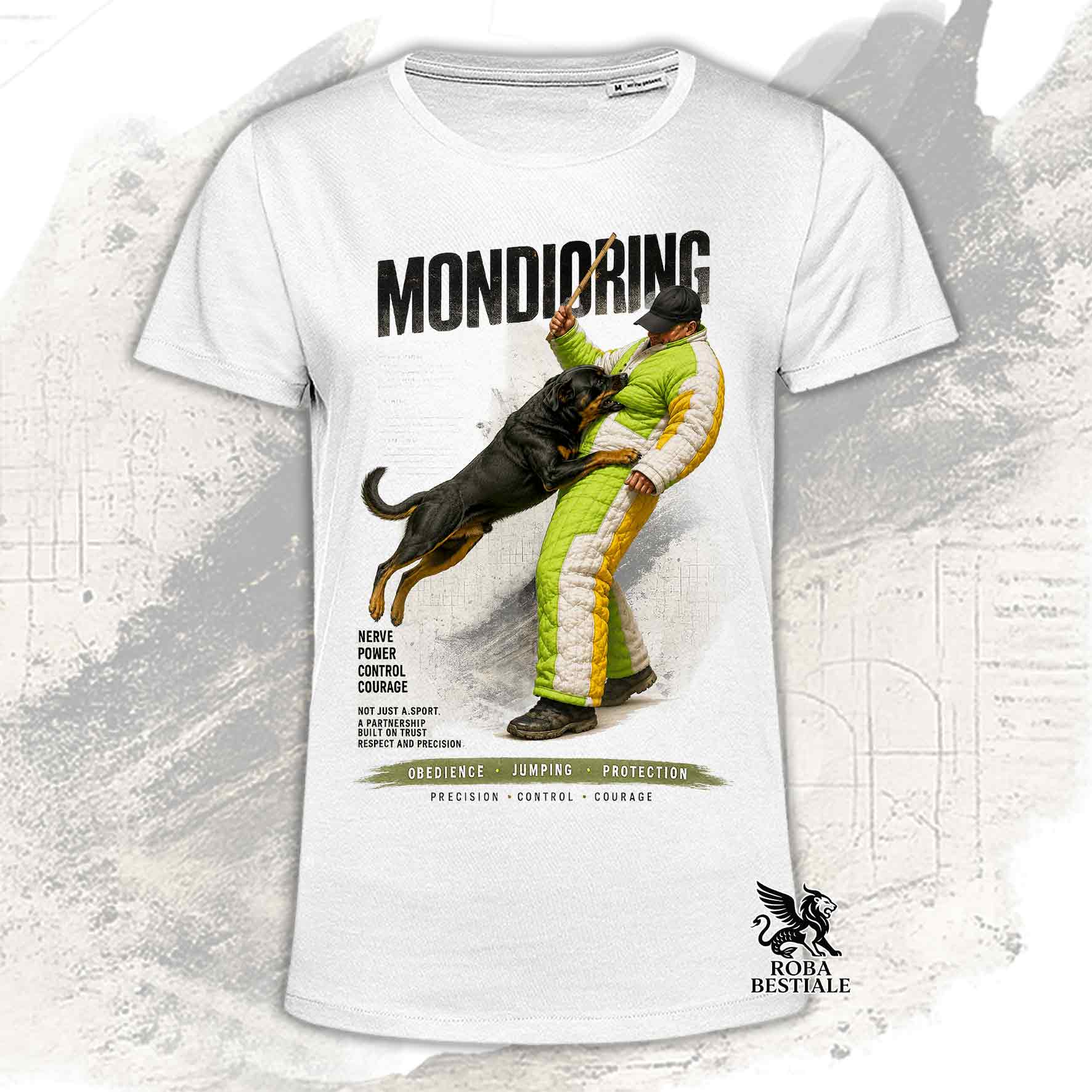 T-shirt bianca stampata con una grafica dedicata al Mondioring, collezione Zero DIstance