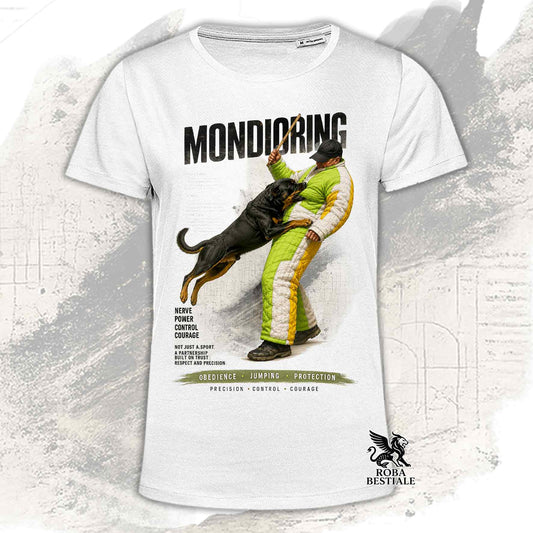 T-shirt bianca stampata con Rottweiler in una grafica dedicata al Mondioring, collezione Zero DIstance di Roba Bestiale
