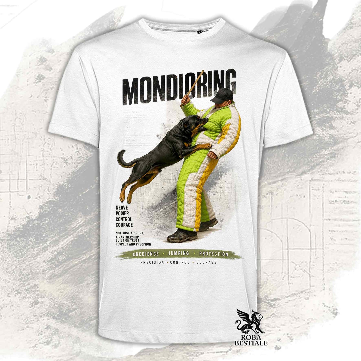 T-shirt bianca stampata con una grafica dedicata al Mondioring, collezione Zero DIstance