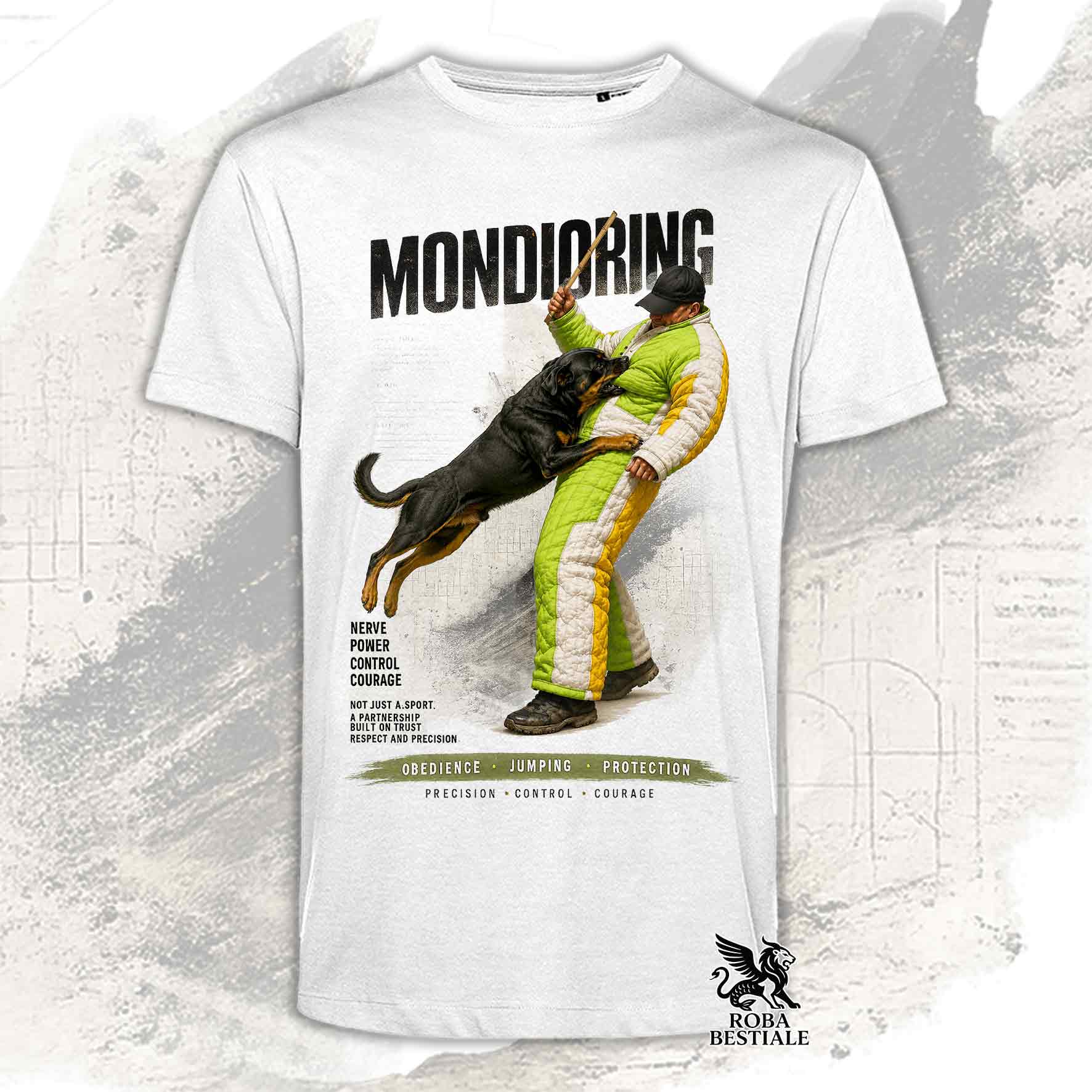 T-shirt bianca stampata con una grafica dedicata al Mondioring, collezione Zero DIstance