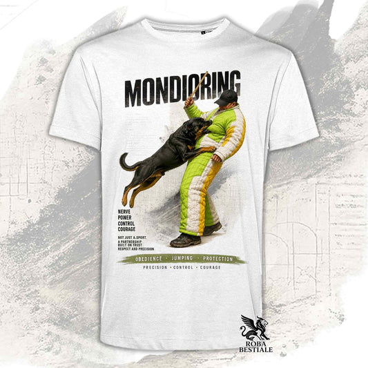 T-shirt bianca stampata con Rottweiler in una grafica dedicata al Mondioring, collezione Zero DIstance di Roba Bestiale
