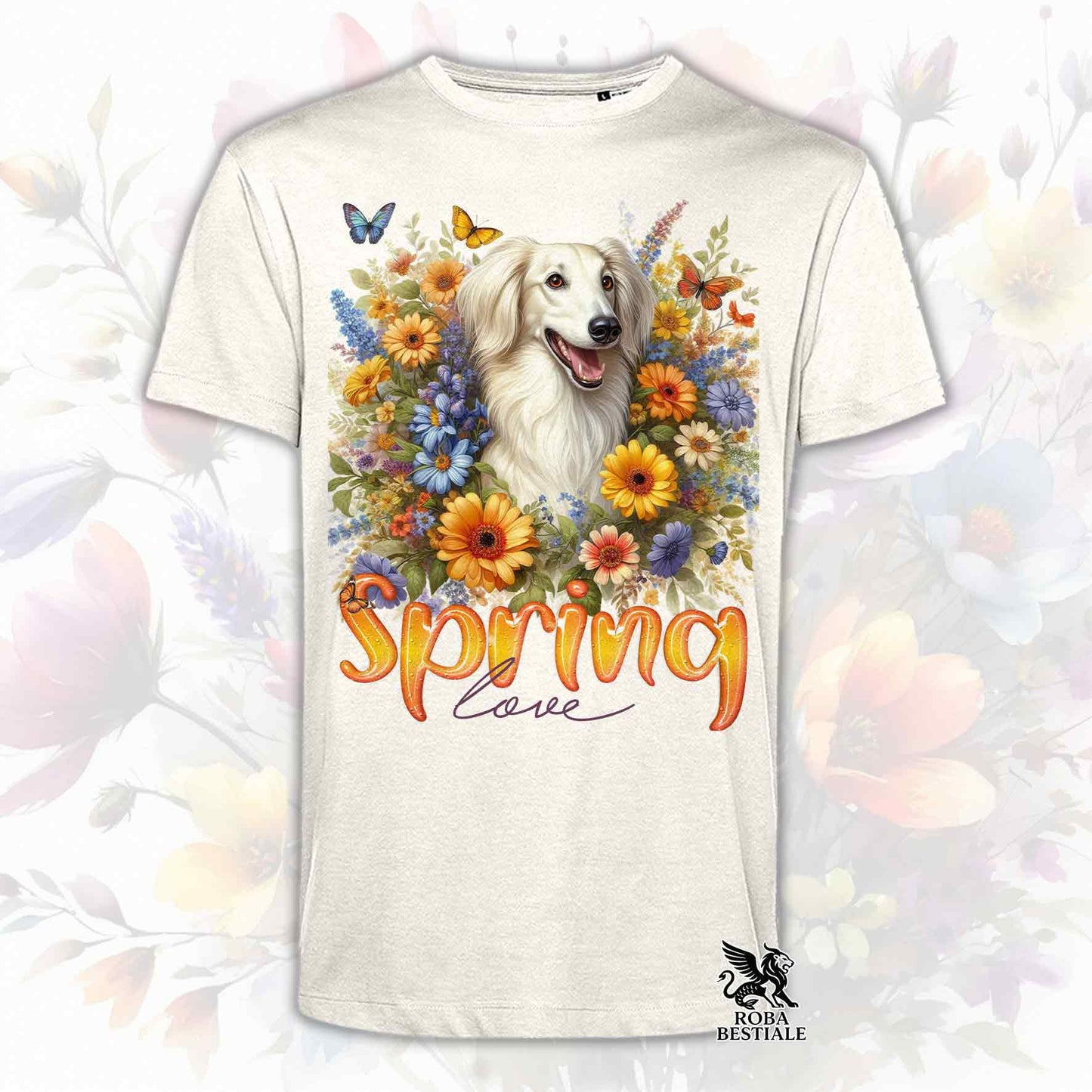 Una t-shirt beige stampata con un Saluki immerso nei fiori colorati. Collezione Spring Love di Roba Bestiale