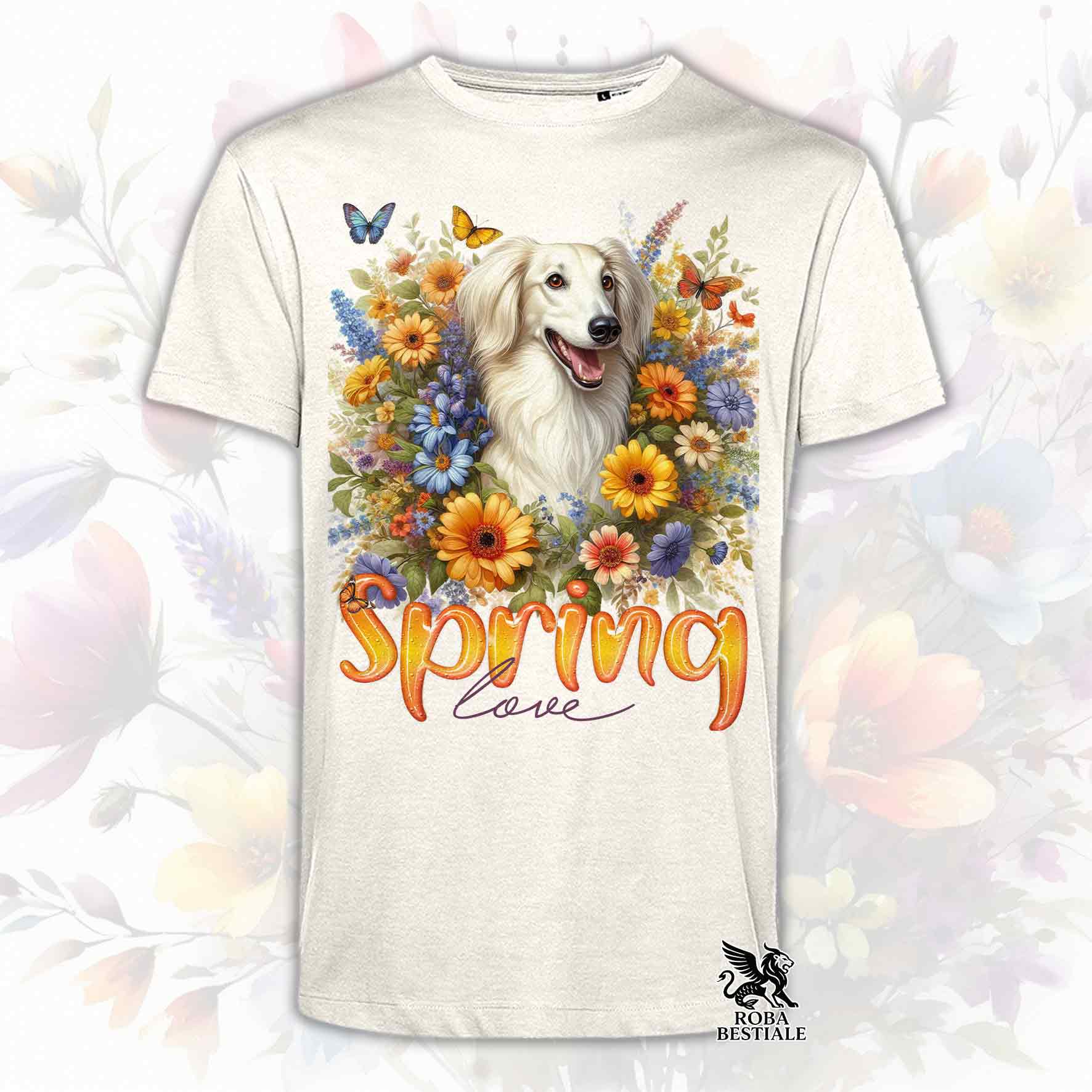 Una t-shirt beige stampata con un Saluki immerso nei fiori colorati. Collezione Spring Love di Roba Bestiale