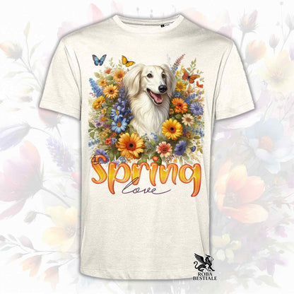 Una t-shirt beige stampata con un Saluki immerso nei fiori colorati. Collezione Spring Love di Roba Bestiale