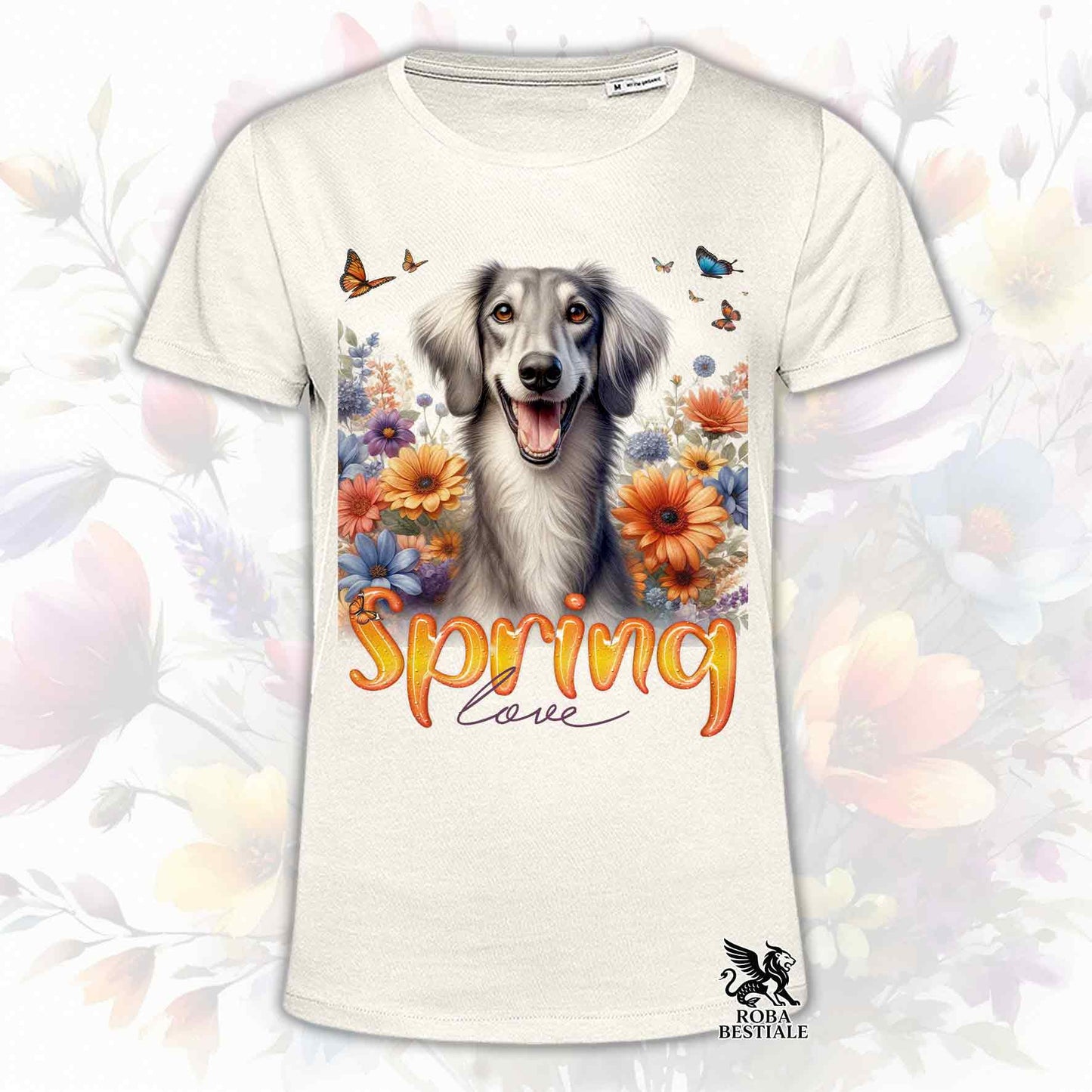 Una t-shirt beige stampata con un Saluki immerso in fiori colorati. Collezione Spring Love di Roba Bestiale