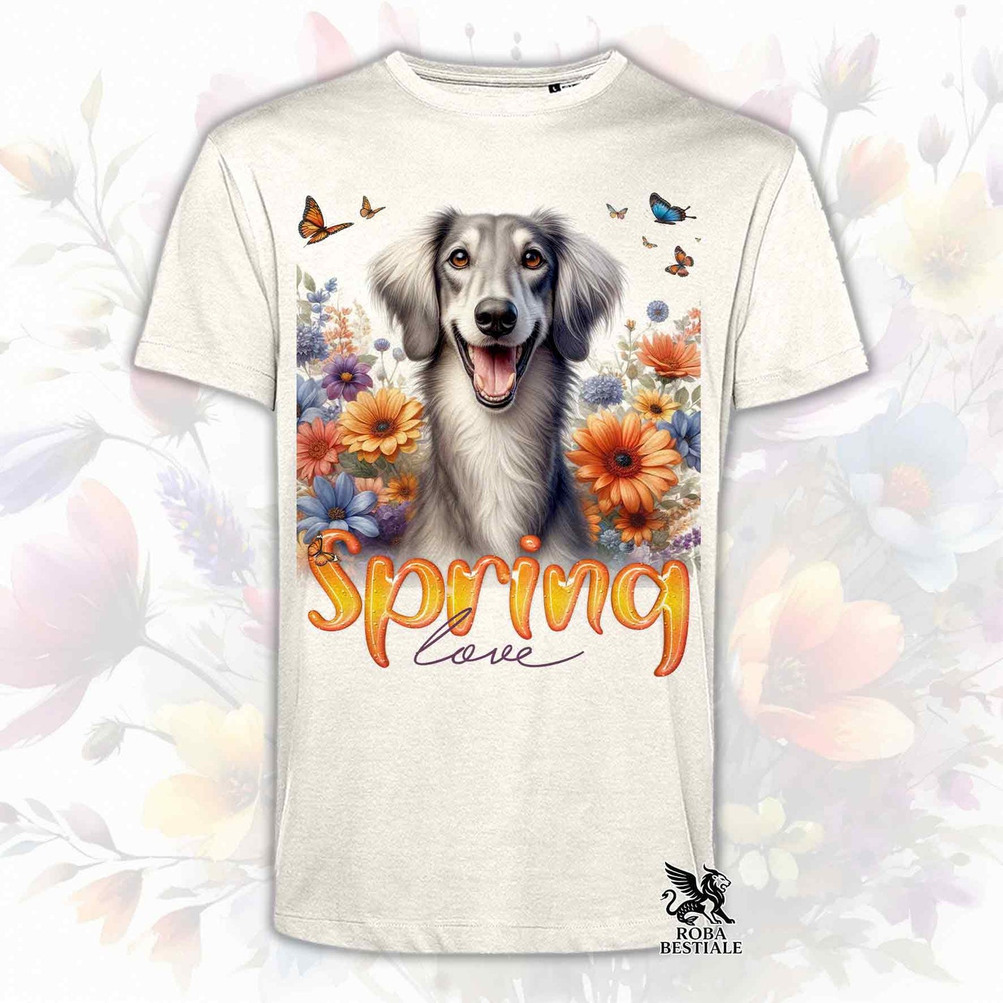 Una t-shirt beige stampata con un Saluki immerso in fiori colorati. Collezione Spring Love di Roba Bestiale