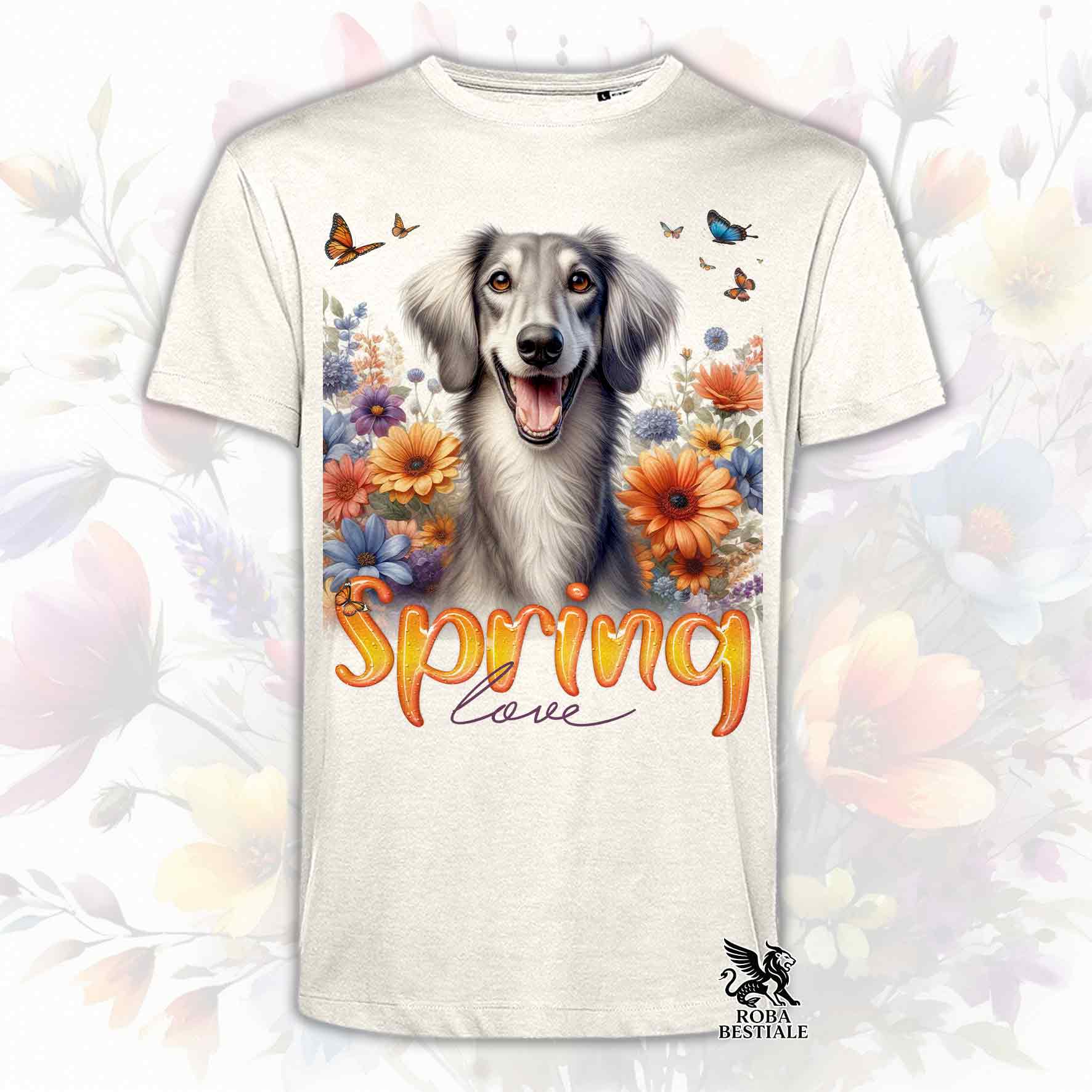 Una t-shirt beige stampata con un Saluki immerso in fiori colorati. Collezione Spring Love di Roba Bestiale