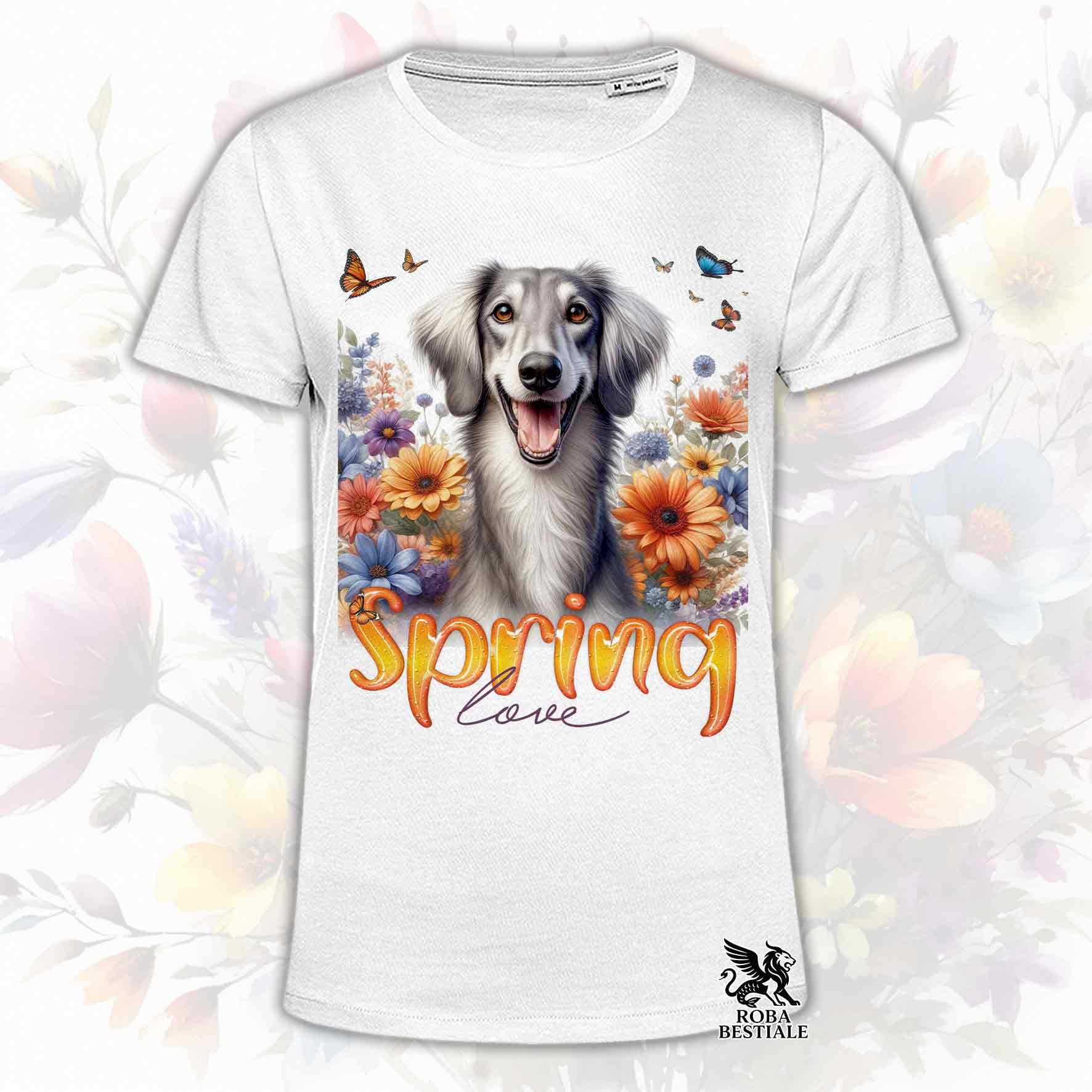 Una t-shirt bianca stampata con un Saluki immerso in fiori colorati. Collezione Spring Love di Roba Bestiale