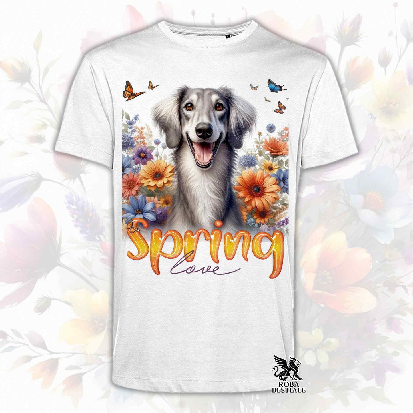 Una t-shirt bianca stampata con un Saluki immerso in fiori colorati. Collezione Spring Love di Roba Bestiale