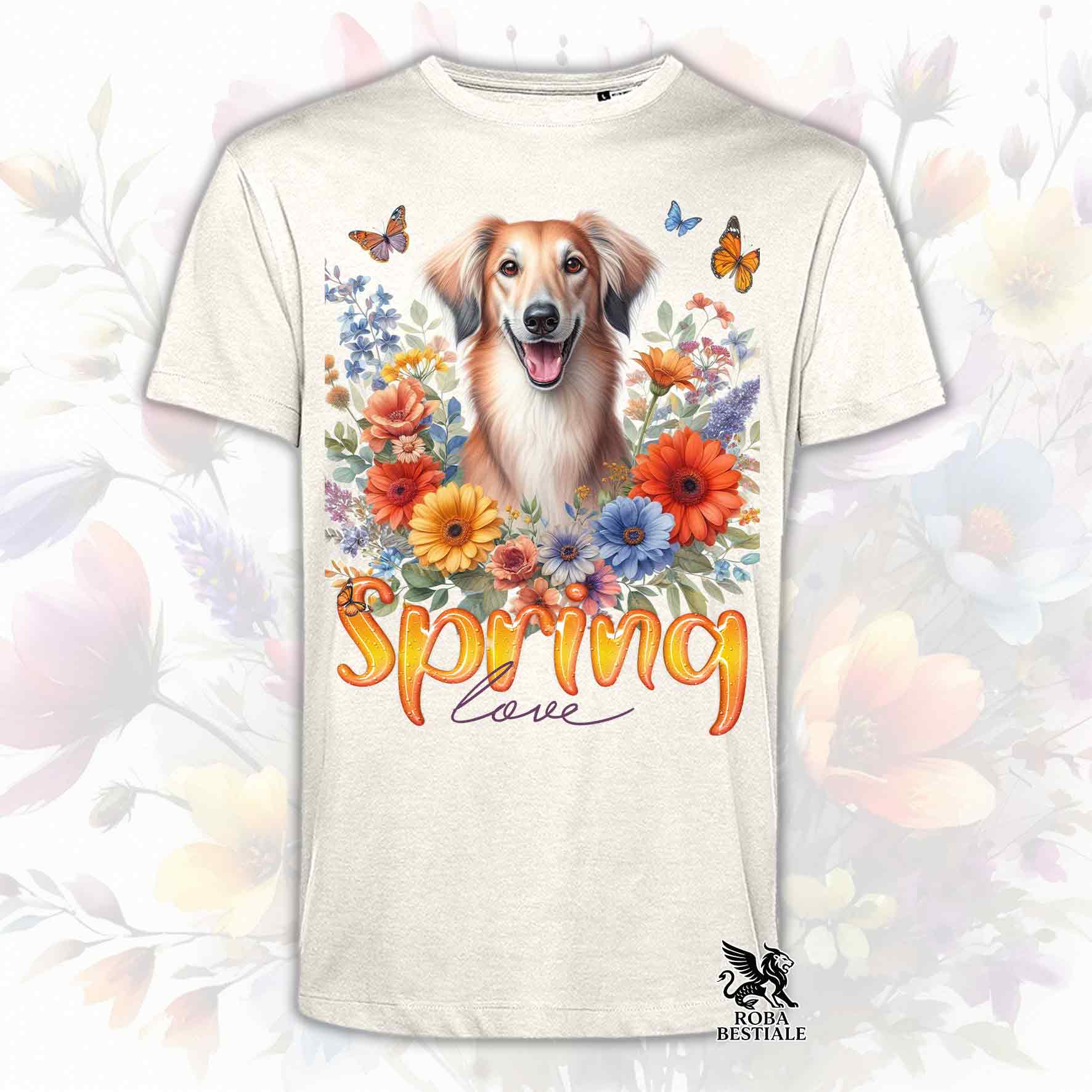 Una t-shirt beige stampata con un Saluki immerso in fiori colorati. Collezione Spring Love di Roba Bestiale