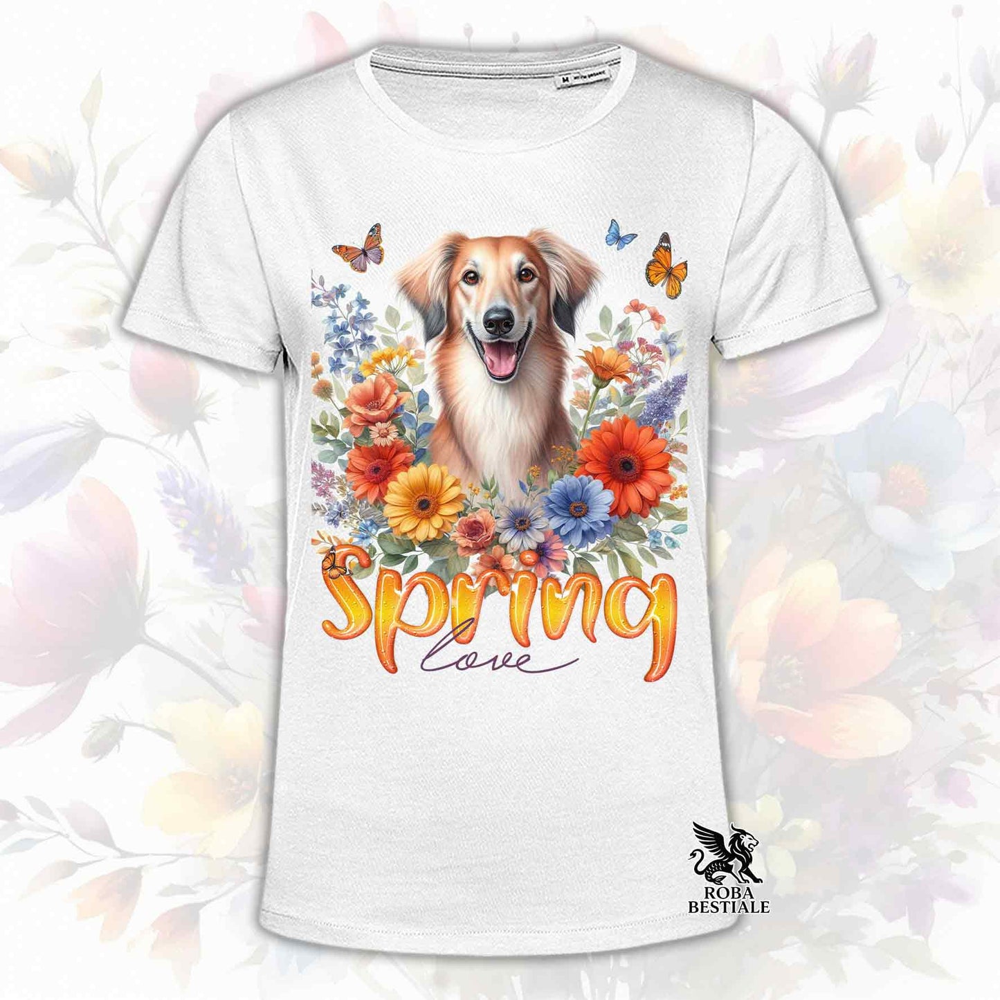 Una t-shirt bianca stampata con un Saluki immerso in fiori colorati. Collezione Spring Love di Roba Bestiale