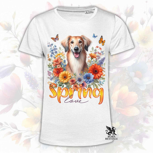 Una t-shirt bianca stampata con un Saluki immerso in fiori colorati. Collezione Spring Love di Roba Bestiale