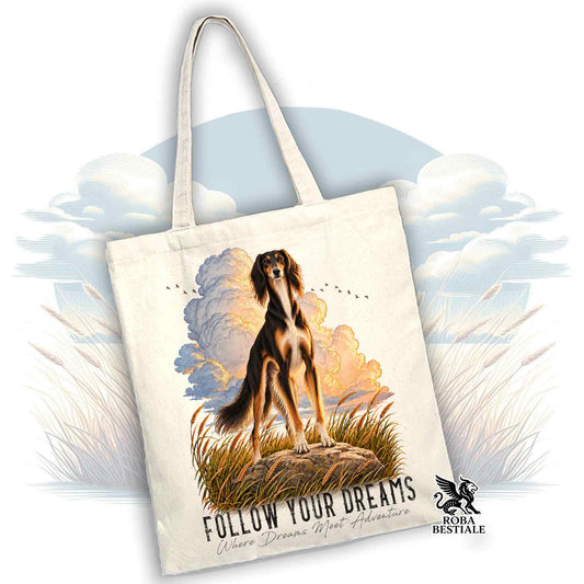 Borsa tote in tela chiara con stampa cane bassotto e scritta FOLLOW YOUR DREAMS
