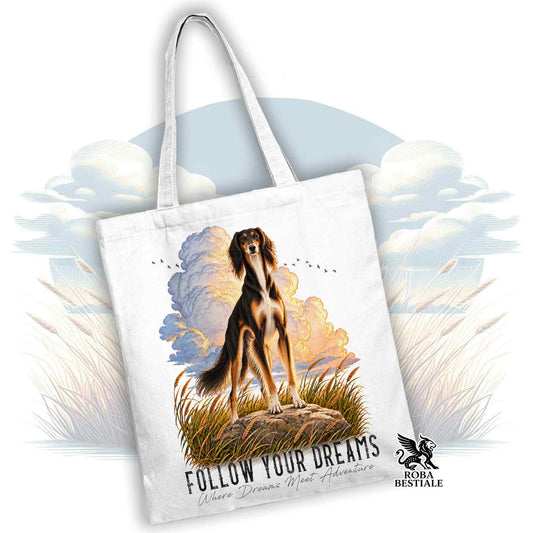 Borsa tote in tela chiara con manici lunghi, illustrazione cane e logo ROBA