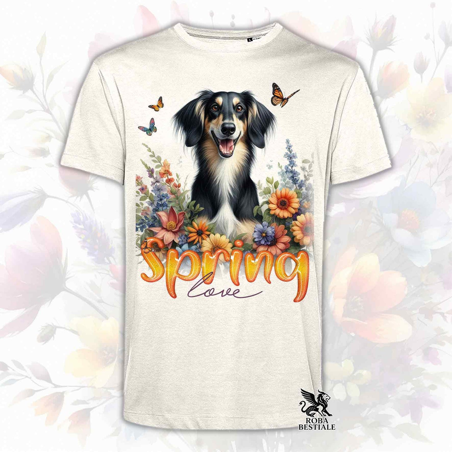 Una t-shirt beige stampata con un Saluki immerso in fiori colorati. Collezione Spring Love di Roba Bestiale