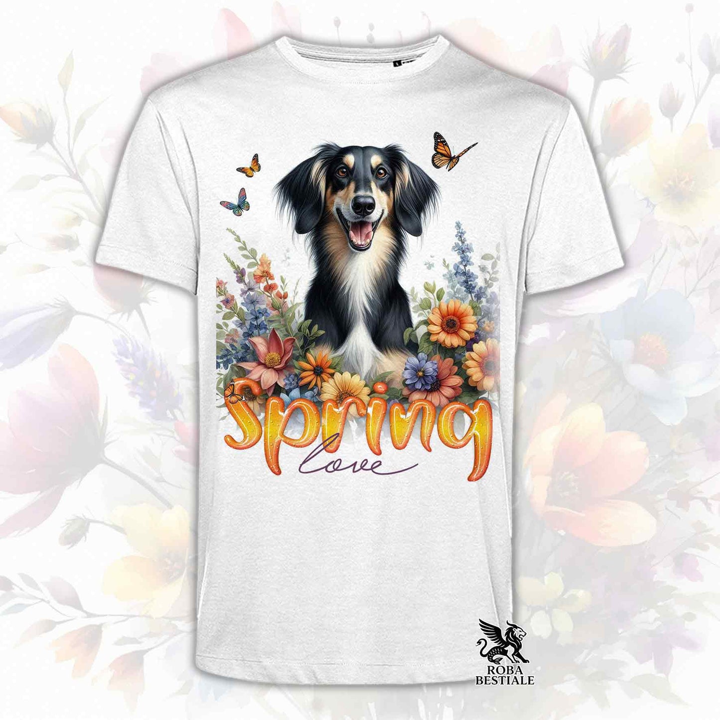Una t-shirt bianca stampata con un Saluki immerso in fiori colorati. Collezione Spring Love di Roba Bestiale