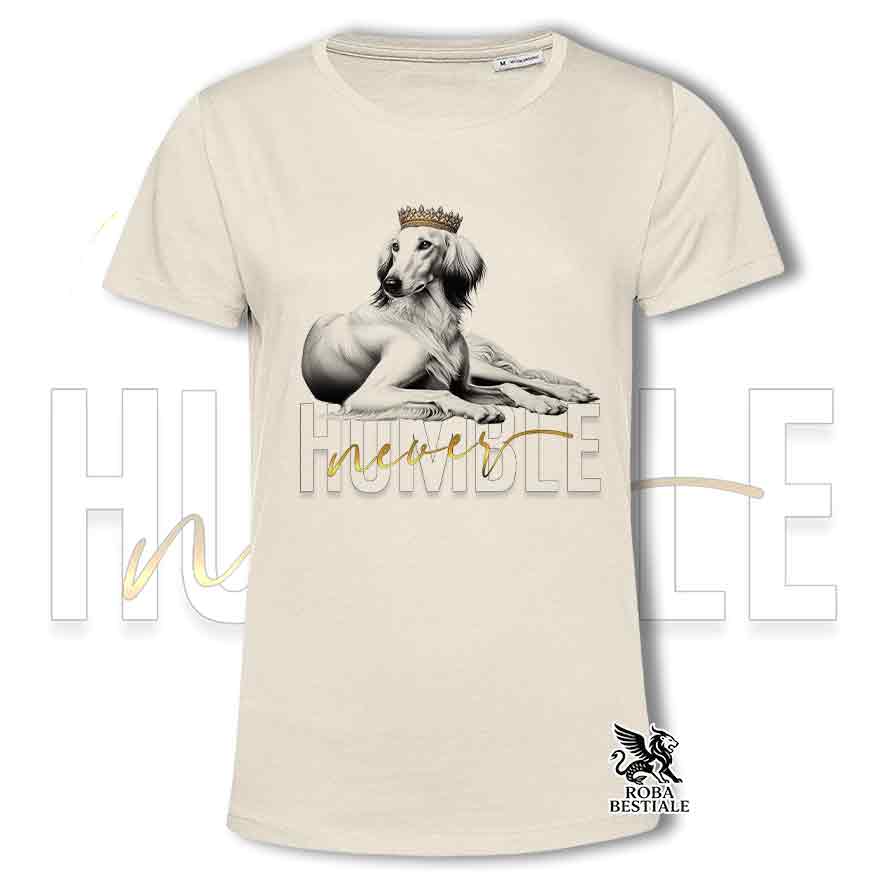 T-shirt stampata con un Saluki, colore beige con grafica Never Humble