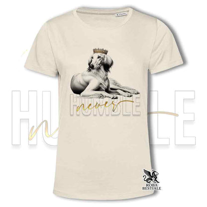 T-shirt stampata con un Saluki, colore beige con grafica Never Humble